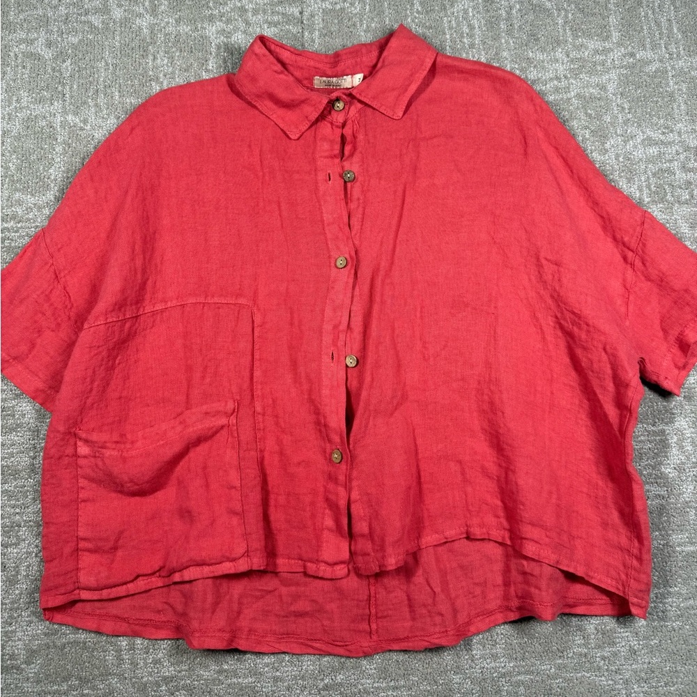 Laura Gotti Italian Linen Button Down Oversized Boho Short Sleeve Shirt Size M